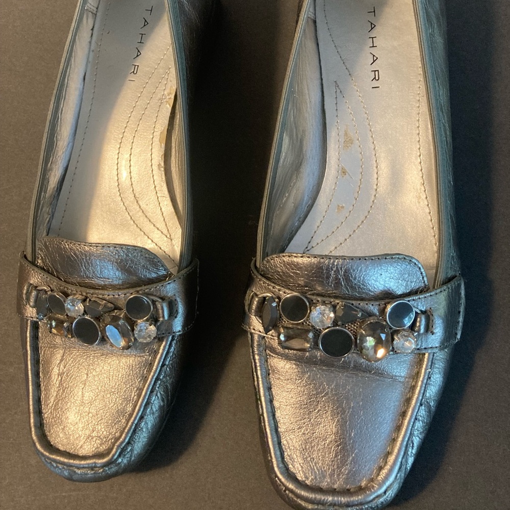Tahari Metallic Silver Embellished Flats - Picture 2 of 8